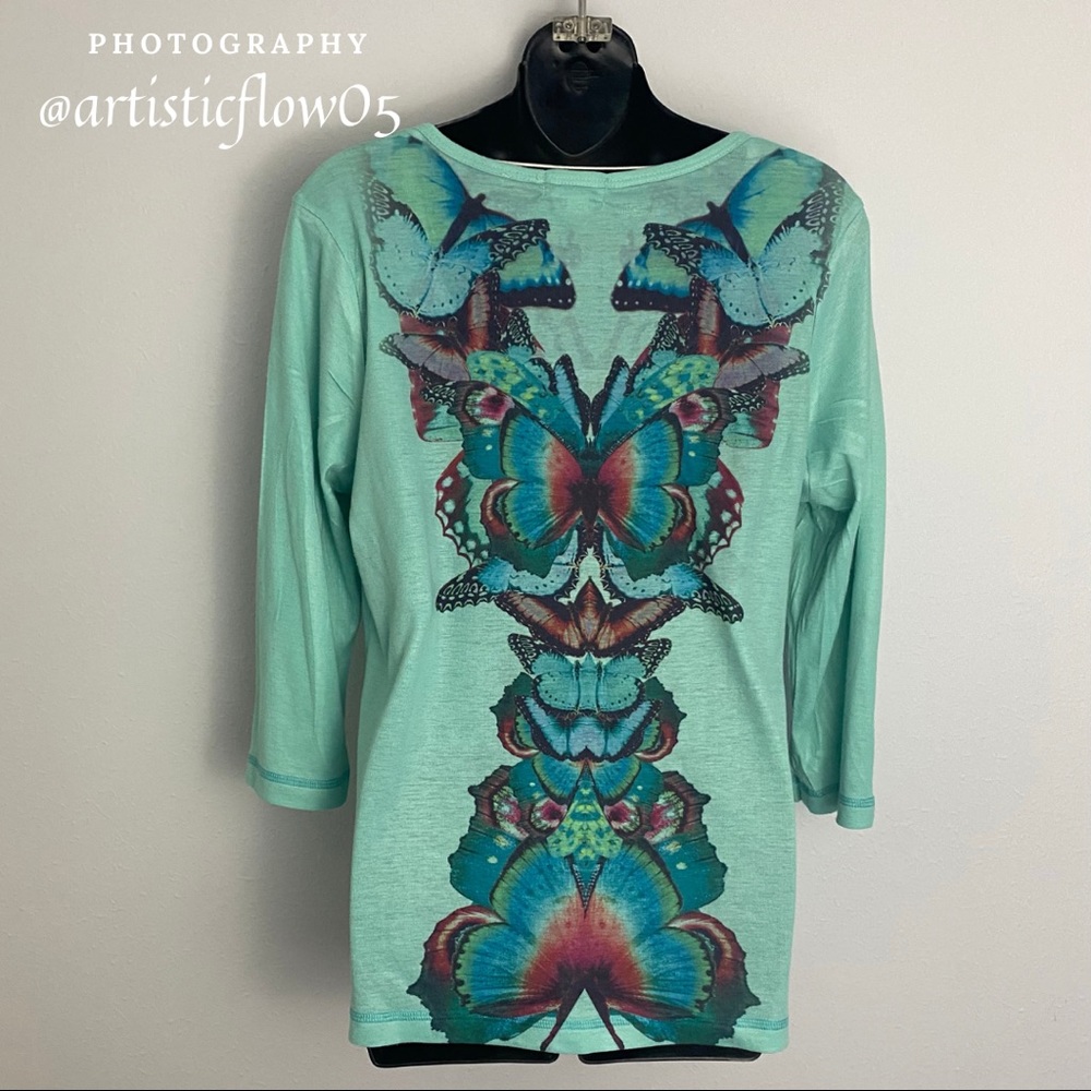 NEW One World 3/4 Length Sleeve Butterfly Top NWOT - Picture 3 of 5